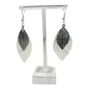Black and Silver Skeleton Leaf two layer Dangle Earrings